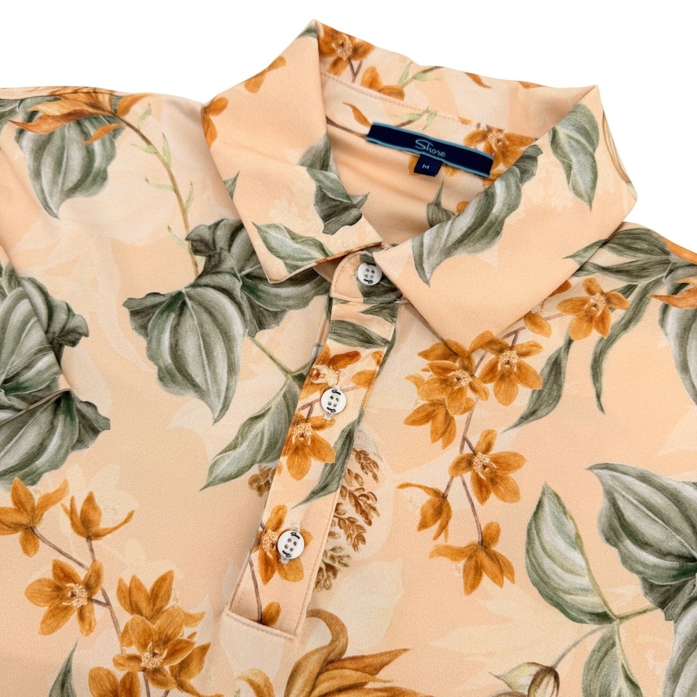 Shore Brand Polo Shirt Mens M Peach Floral Stretch Performance Stretch Golf
